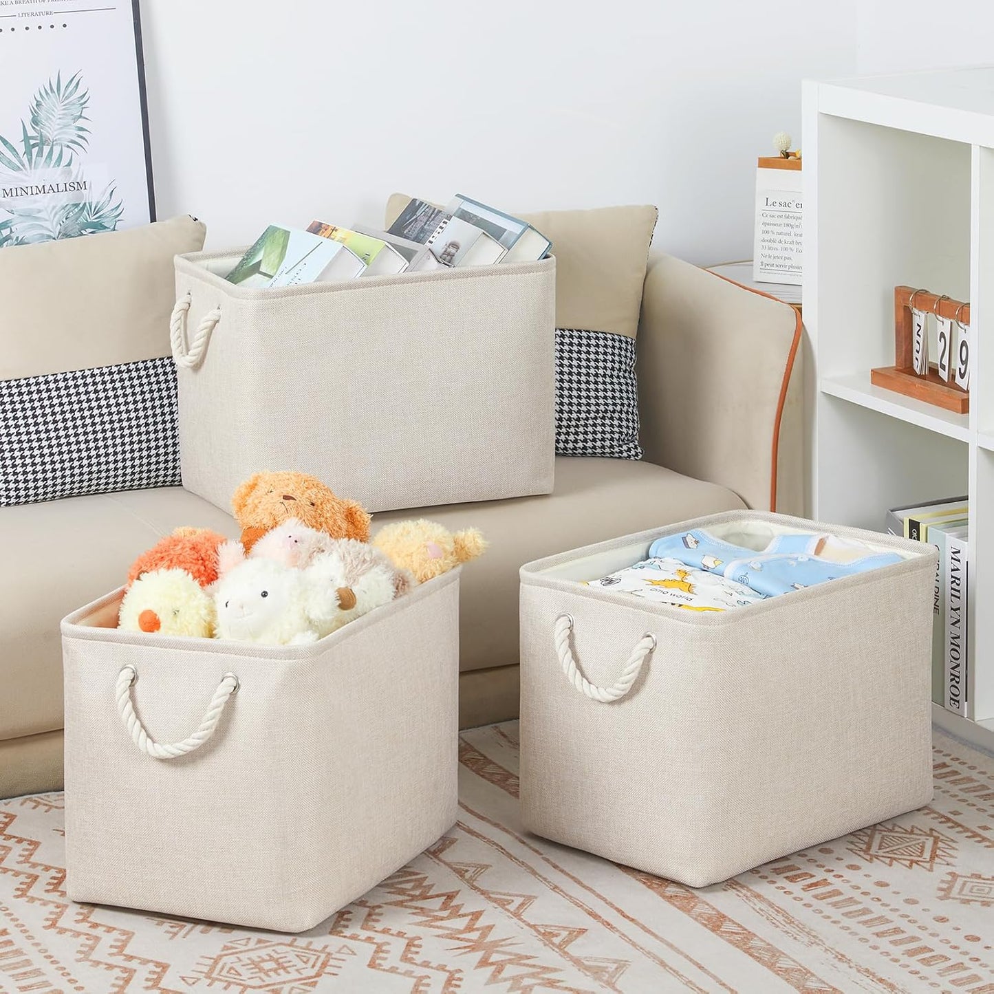 Bidtakay Large Storage Baskets for Shelves 3 Pack Fabric Storage Bins for Organizing Linen Collapsible Organizer for Closet-Light Biege