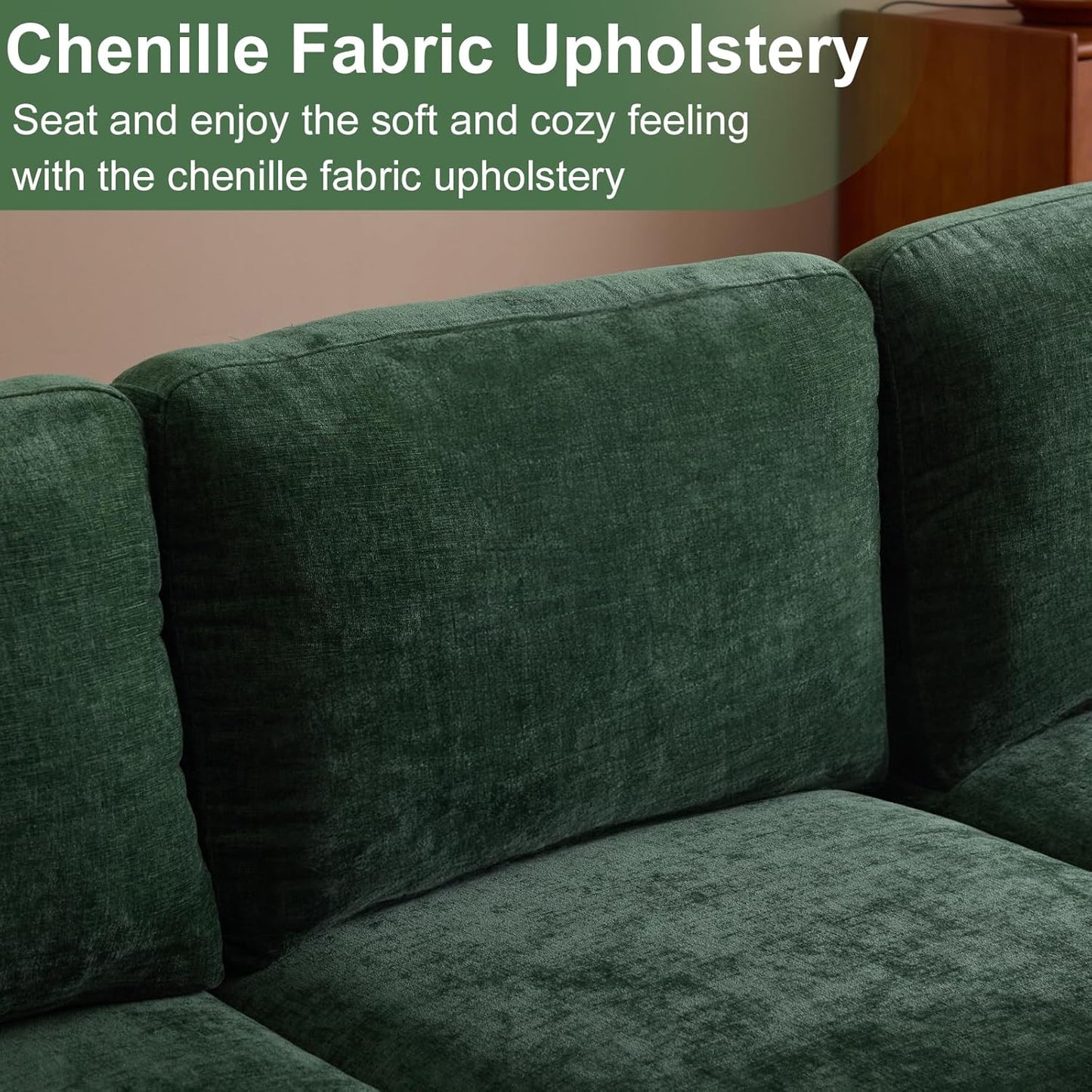 Karl home U-Shape Sectional Sofa Couch 111" Modern 4-Seat Sofa with Chaises Chenille Fabric Upholstered Covertible Couch with Wood Grain Legs for Living Room, Reception Room, Apartment, Green