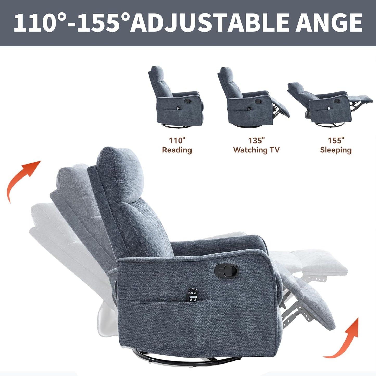 Manual Swivel Rocker Recliner Chair for Adults, Overstuffed Reclining Glider Chair for Nursing with Vibration Massage & Heat, Living Room Rocking Recliner 2-Stage backrest, Chenille Fabric Blue