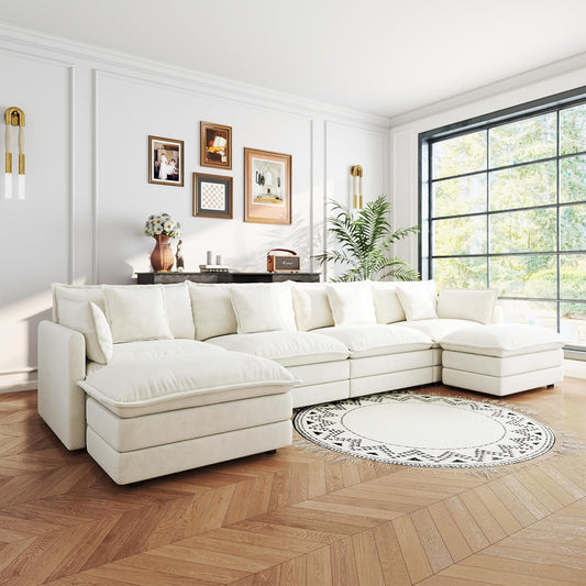 Sectional Sofa 4 Seater with Movable 2 Ottomans,Oversized Modular Couch Deep Seat (Beige, 146.5 inch-U)