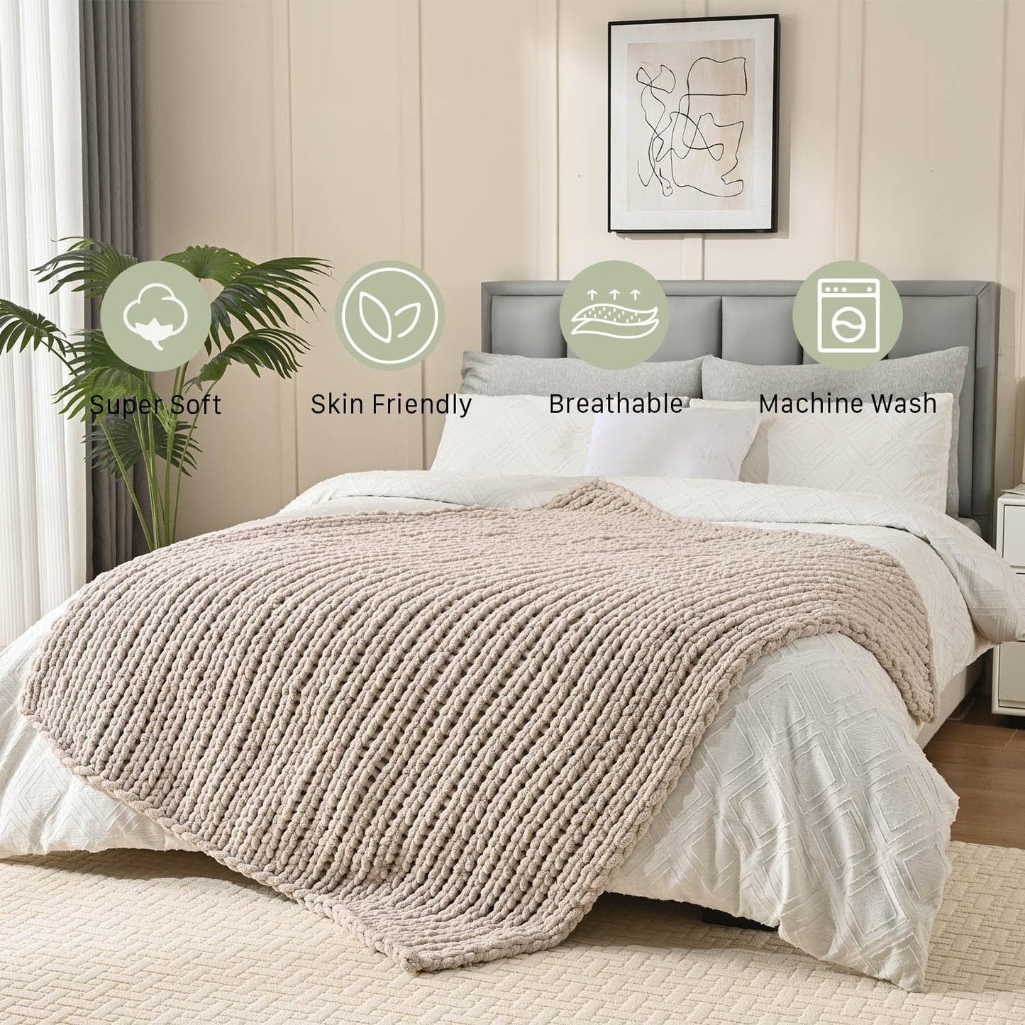 Esterra Chunky Knit Blanket Throw 40"x50", 100% Hand Knitted Chenille Throw Blanket, Cozy Soft Thick Cable Knit Throw Large Rope Knot Crochet Throw Blanket for Sofa Couch Bed, Linen Beige