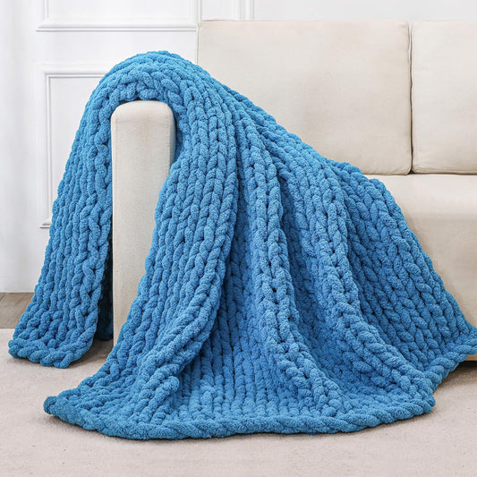 Bigacogo Chunky Knit Throw Blanket for Couch, 40x60 inches, 100% Hand Knitted with Thick Jumbo Chenille Yarn, Cozy Soft Large Rope Knot Cable Crochet Blankets for Sofa Bed Living Room, Bright Blue