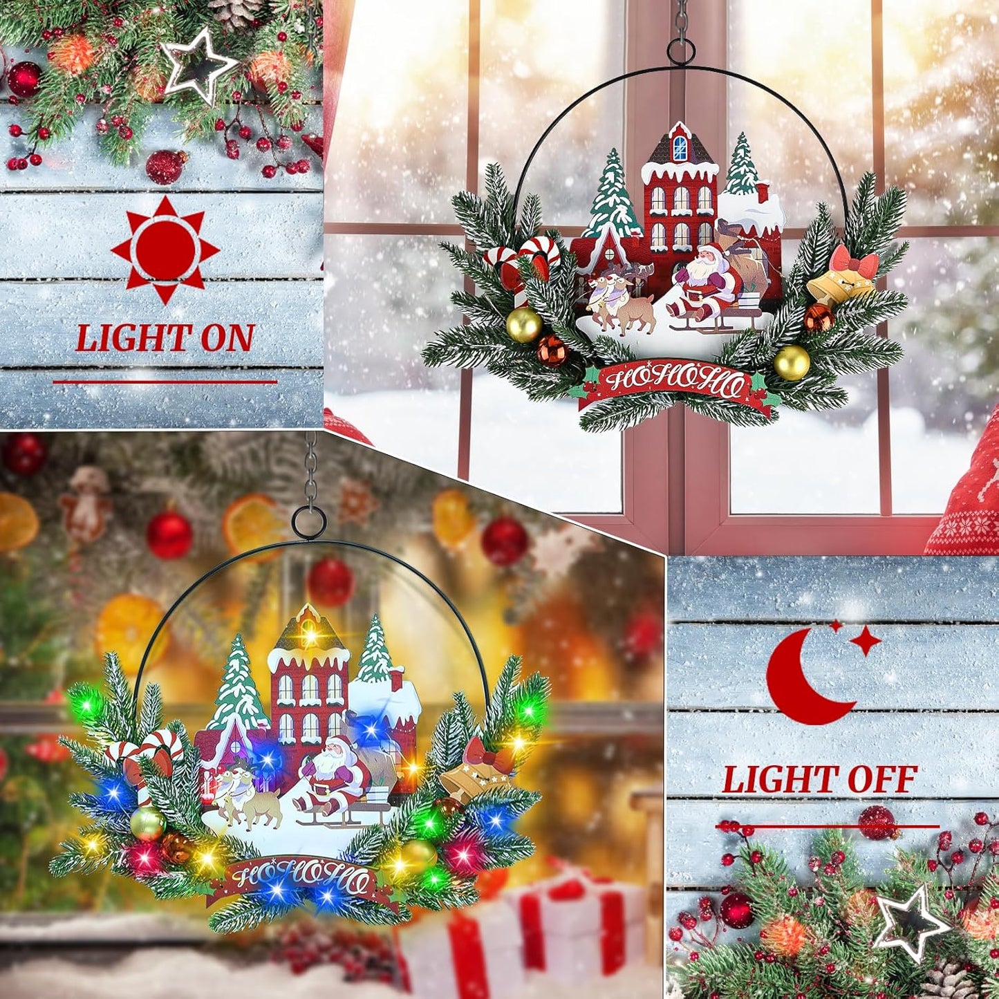 Light up Christmas Wreaths for Front Door, Welcome Metal Wooden Door Wreath Decor Hanging Sign, 30 LED Lighted Wall Decor Battery Operated for Halloween Indoor Outdoor (Santa Claus)