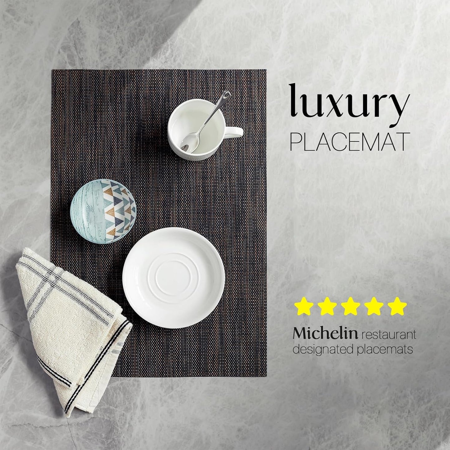 LEXMORE Placemats Set of 8 Vinyl/Plastic Woven Place Mats for Kitchen Table Indoor/Outdoor Washable Placemat Wipeable Dining Table Mats(Black/Brown)