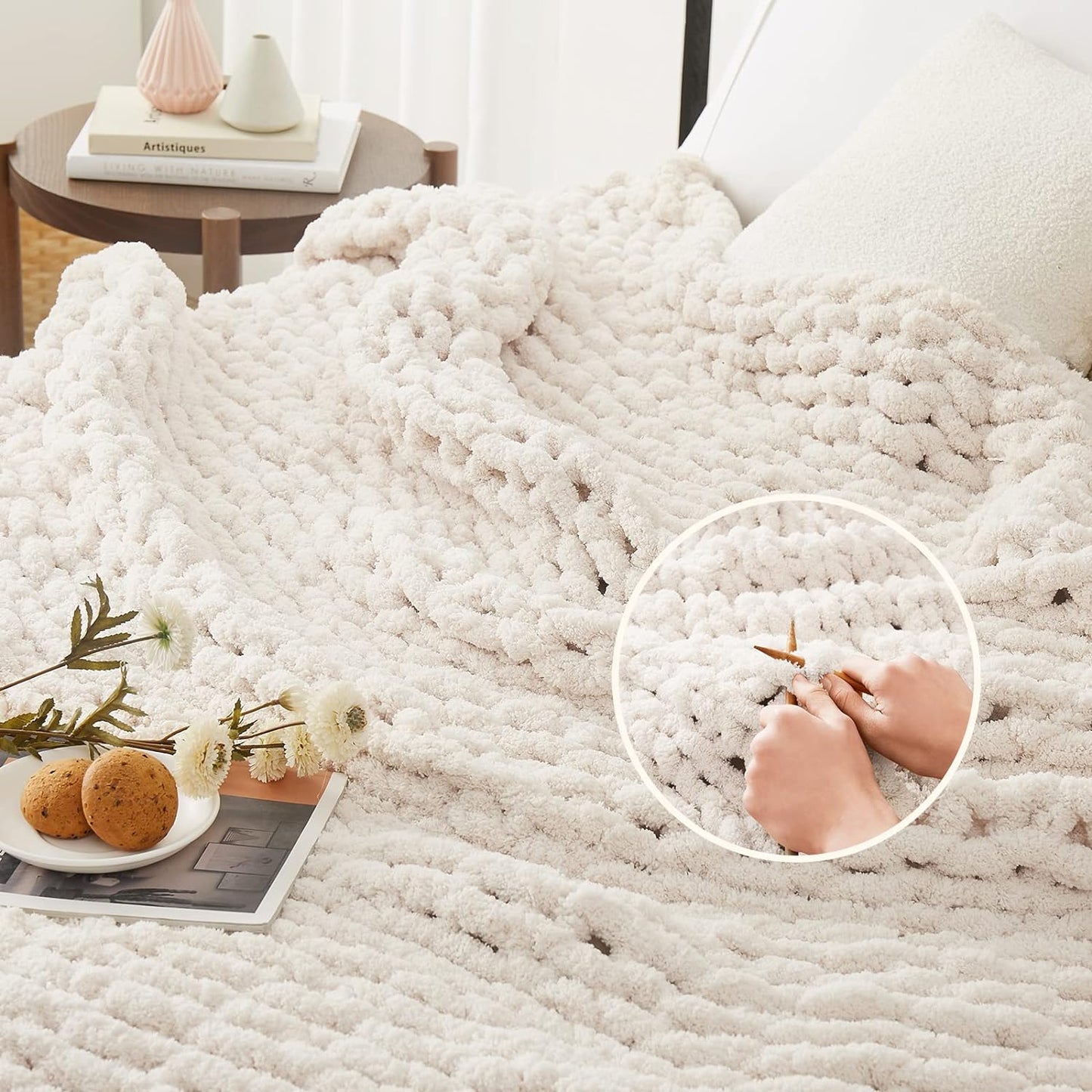 L'AGRATY Chunky Knit Blanket Throw: 80''x90'' Chenille Chunky Knitted Throw Blanket for Bed Couch - Handmade Thick Big Cable Knit Blanket - Large Chunky Crochet Rope Blanket for Home Decor(Ivory)