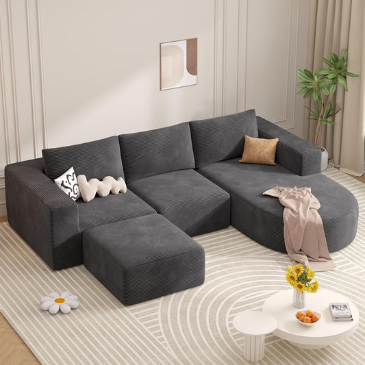 Modular Sectional Sofa with L-Shape Chaise,Cloud Sectional Modern Sleeper Couch with Deep Seat,Sponge Compression Sofas No Assembly Required (Dark Gray-Corduroy Fabric) 1pcs