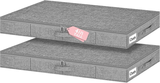 Low Profile Under Bed Storage Containers, 4" Tall Underbed Storage with Rigid Sidewalls & Bottom, Shallow Clothes Storage Organizer Bin with Lid for Couch Sofa Dorm, 2-Pack, 33.5 x 16 x 4 Inches Grey