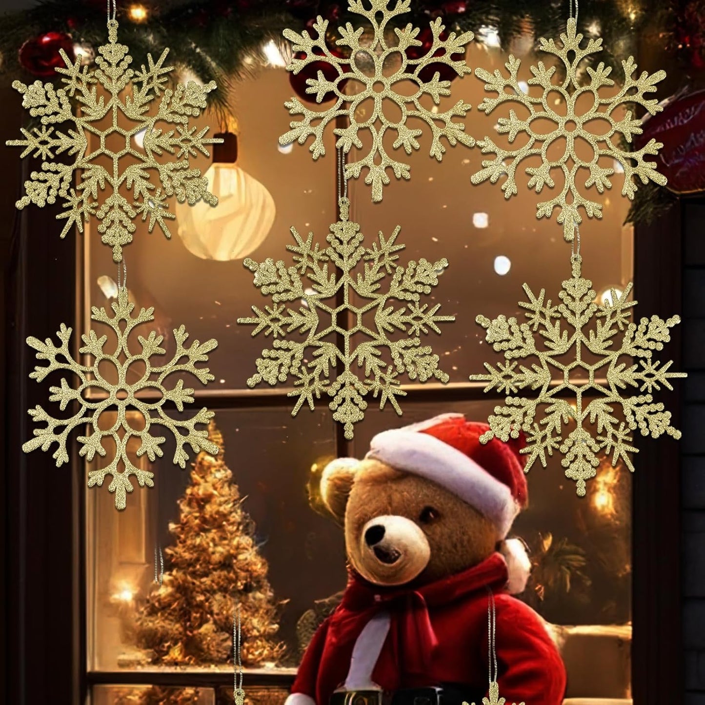 12pcs Large Christmas Snowflakes Decorations, 12" Big Plastic Glitter Gold Snowflake Ornaments for Winter Indoor Outdoor Christmas Tree Holiday Window Room Decor Craft Snowflakes