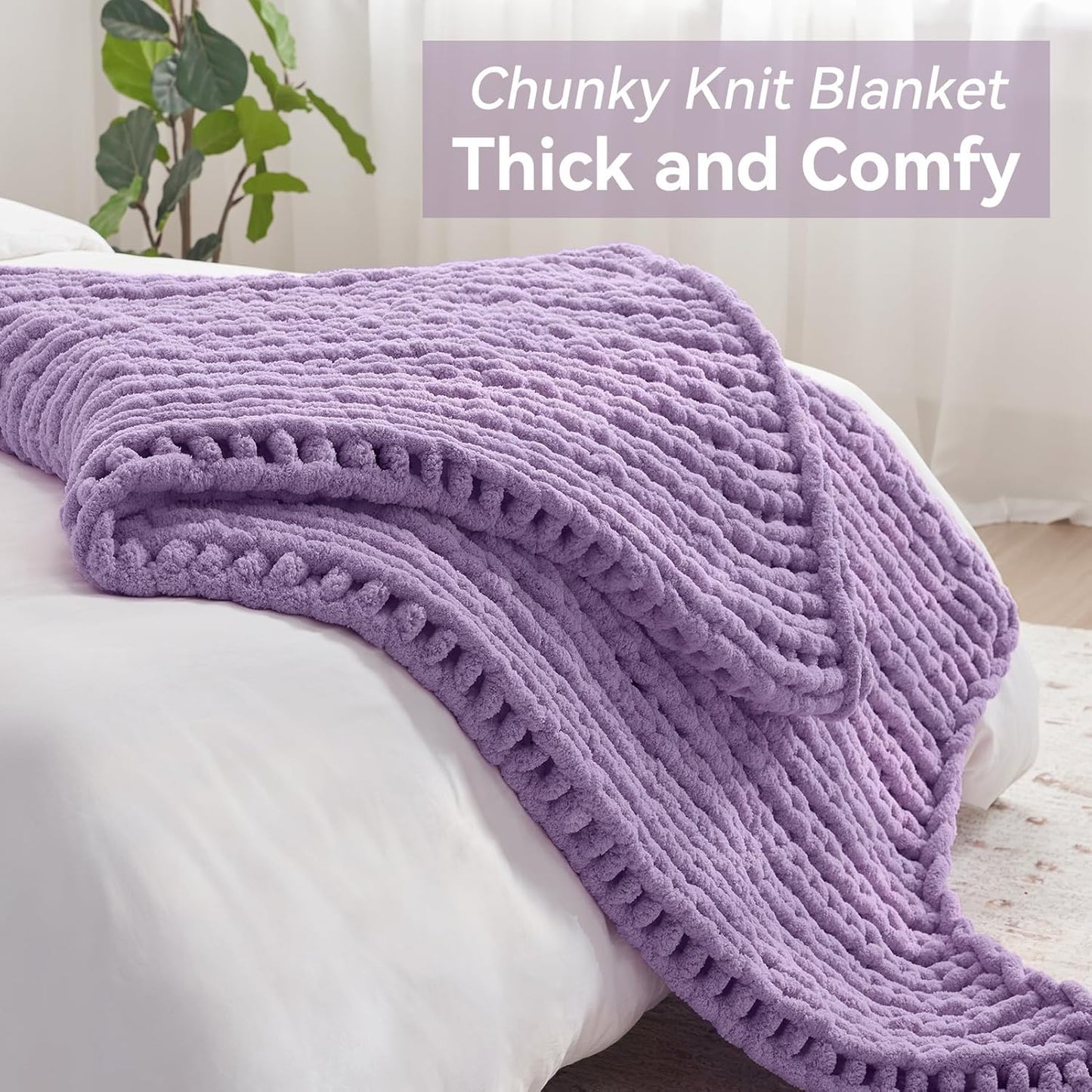 Chunky Knit Throw Blanket, 50''*60'' Knitted Throw Chenille Yarn for Bed Couch, Handmade Light Purple Crochet Big Thick Blanket, Machine Washable Cute Comfy Blanket for Home Decor