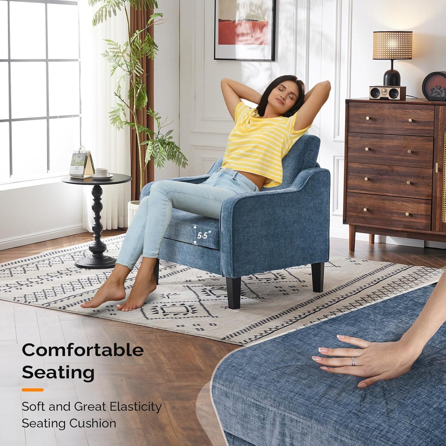 VINGLI Mid Century Modern Accent Chair Set of 2,Navy Blue Chenille Chairs for Living Room Upholstered Armchair with Scooped Arms for Bedroom,Apartment,Studio,Office,Waiting Room