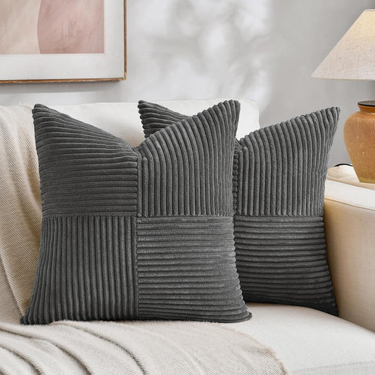 Fancy Homi 2 Packs Dark Gray Decorative Throw Pillow Covers 20x20 Inch for Living Room Couch Bed Sofa, Farmhouse Boho Home Decor, Soft Corss Corduroy Patchwork Accent Square Cushion Case 50x50 cm