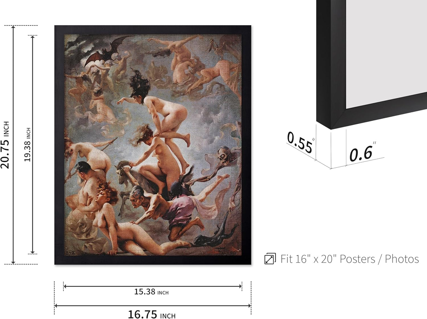 Poster Master Vintage Luis Ricardo Falero Poster - Retro Occult Print - Gift for Gothic, Horror Fan - Witches Going to their Sabbath, Pagan - Wall Decor for Bedroom, Dorm, 16x20 Black Framed