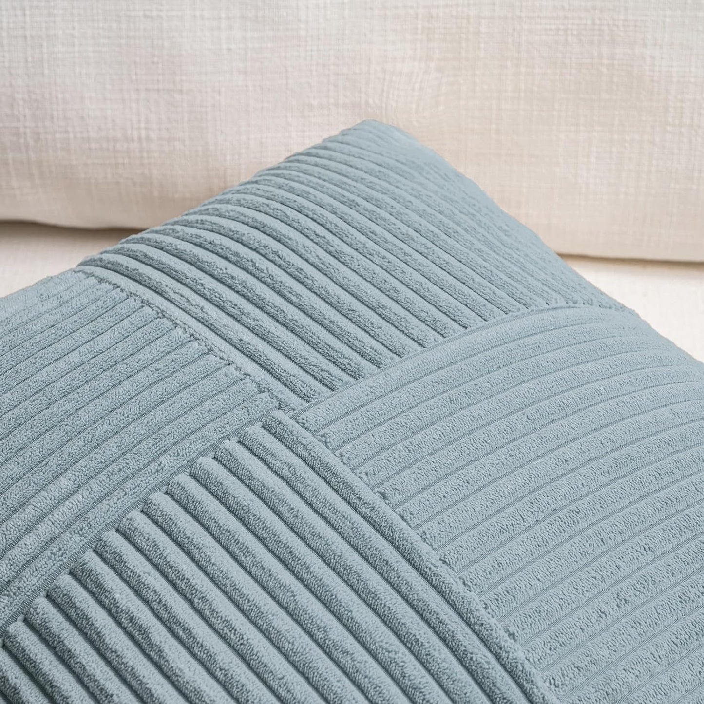 Fancy Homi Set of 2 Light Blue Decorative Throw Pillow Covers 16x16 Inch for Living Room Couch Bed, Rustic Farmhouse Boho Home Decor, Soft Striped Corduroy Textured Square Cushion Case 40x40 cm