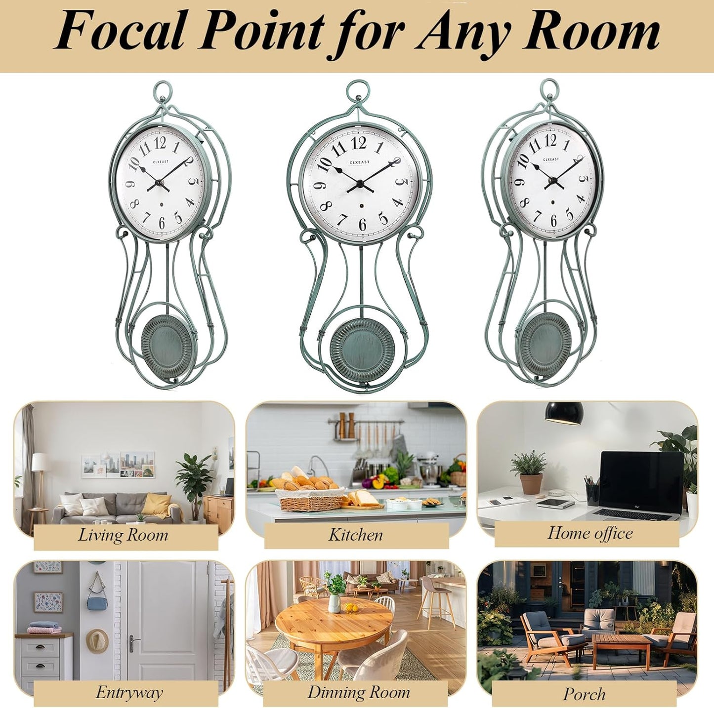 CLXEAST 20 Inch Metal Pendulum Wall Clock Battery Operated,Large Schoolhouse Wall Clocks for Living Room Decor,Antique Aged Teal Green Finish,House Warming Gifts New Home