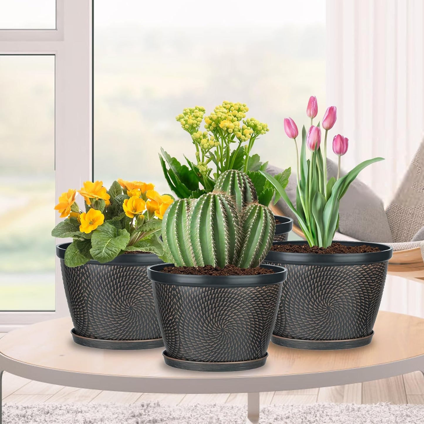 Quarut 4 Pack 8 Inch Flower Pots for Outdoor Indoor, Plastic Plant Pots with Drainage Hole & Saucer, Lightweight Small Flower Pot, Circle Pattern Planters for Garden House planters（Black Copper）