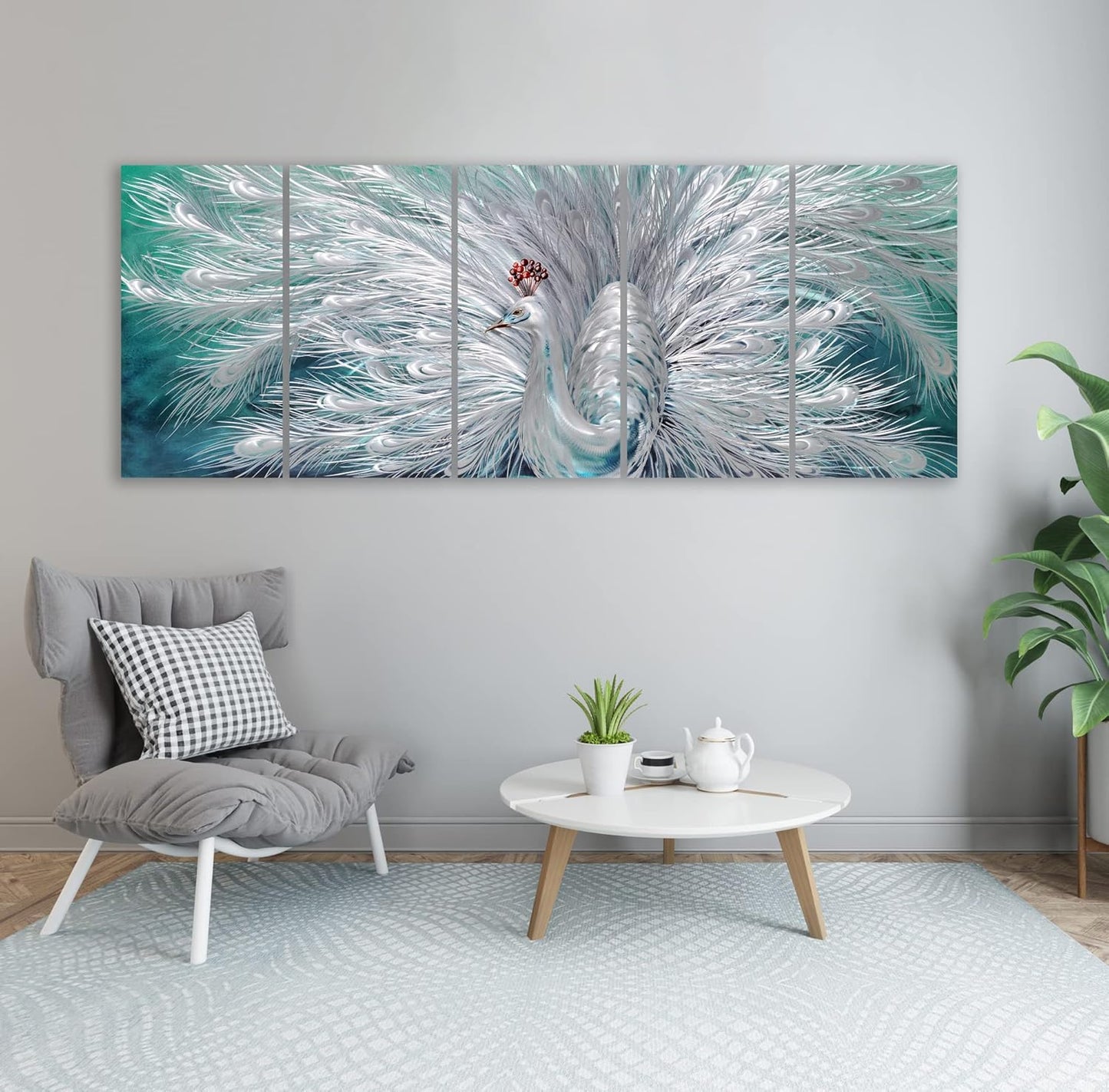 Yihui Arts Peacock Metal Wall Art, Teal and Silver Aluminum Artwork, Modern Sculpture for Living Room Bedroom Bathroom Decor