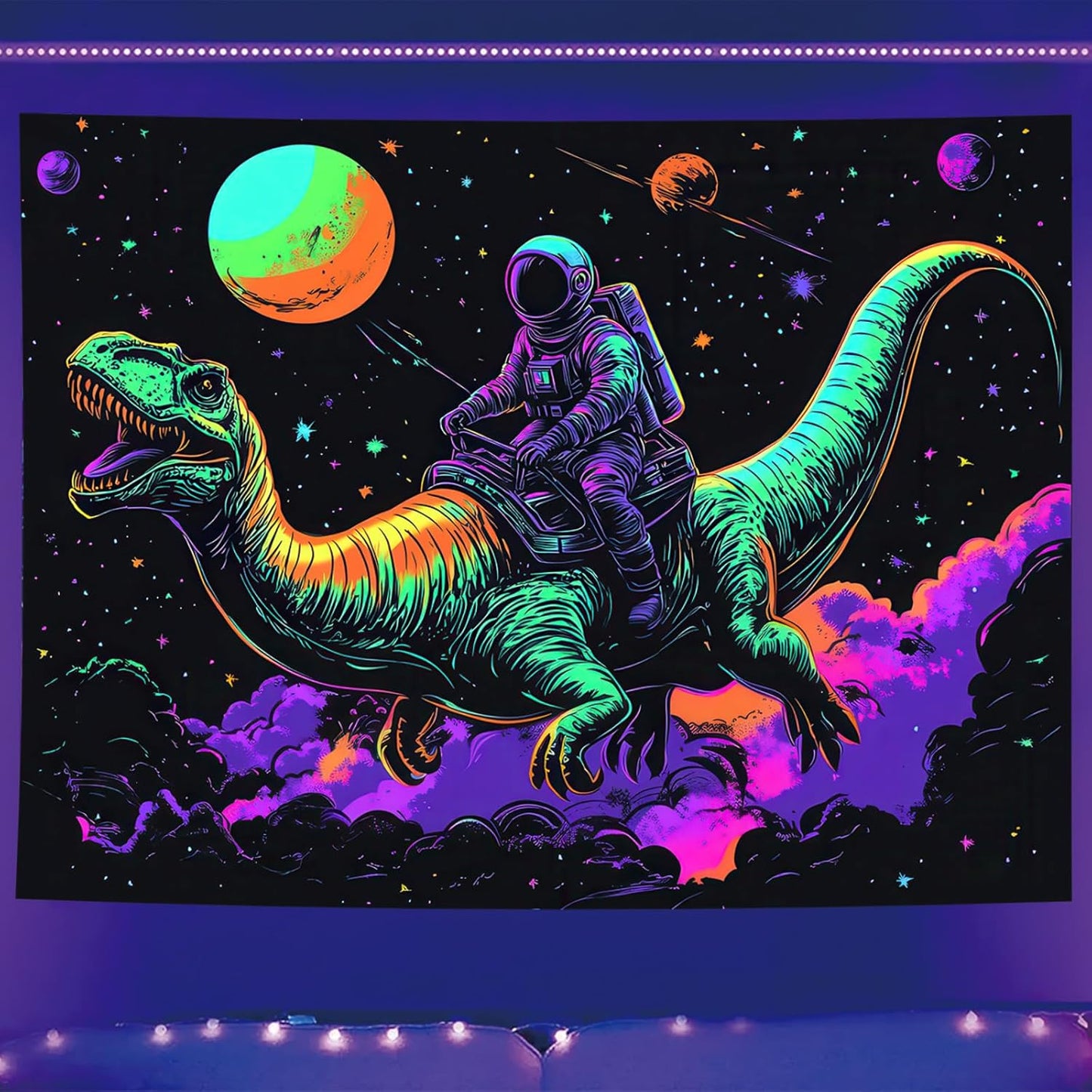 Starlit Patio Blacklight Funny Space Astronaut Dinosaur Tapestry Glow in The Dark UV Reactive Wall Hanging Tapestry Trippy Space Art Poster for Men Guys Room Bedroom Decor 78 x 59 Inches