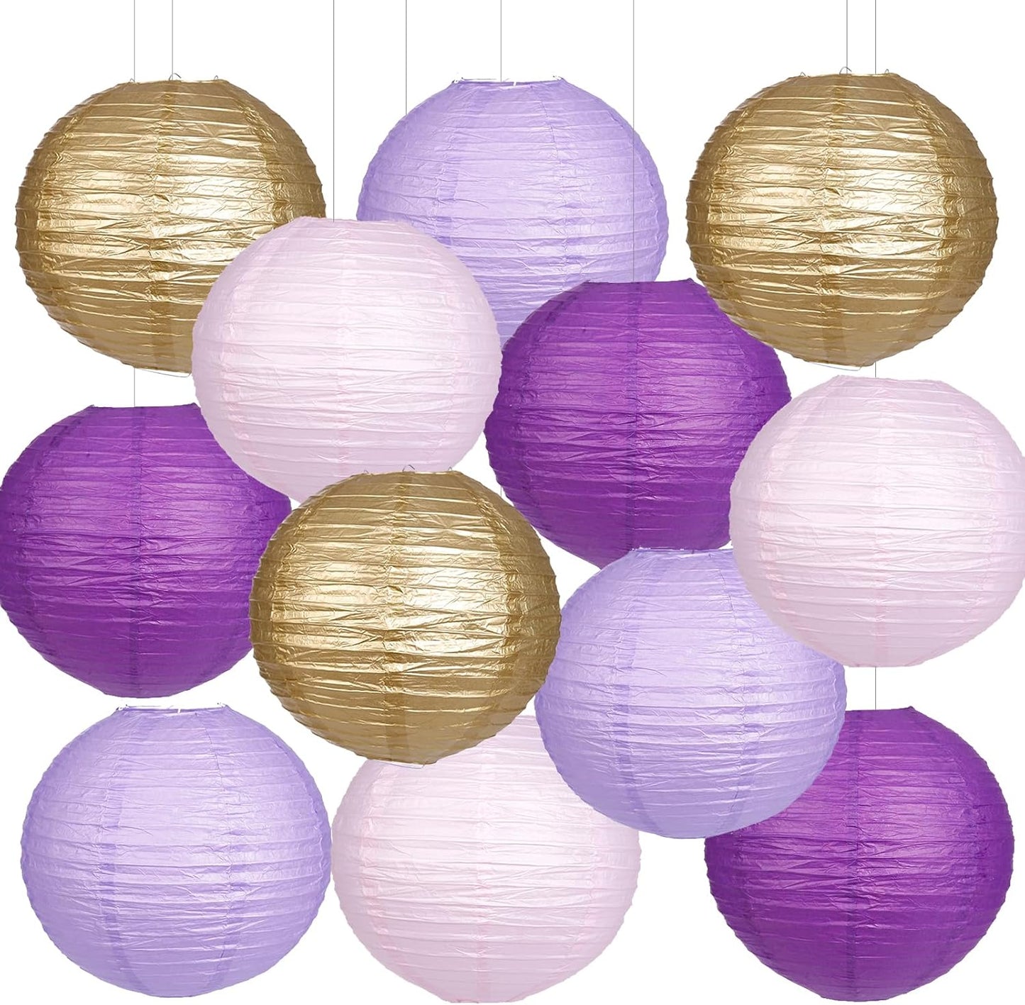 Paper Lanterns Purple Gold Round Hanging Chinese Lanterns for Birthday Baby Shower Bachelorette Party Decorations Pack of 12