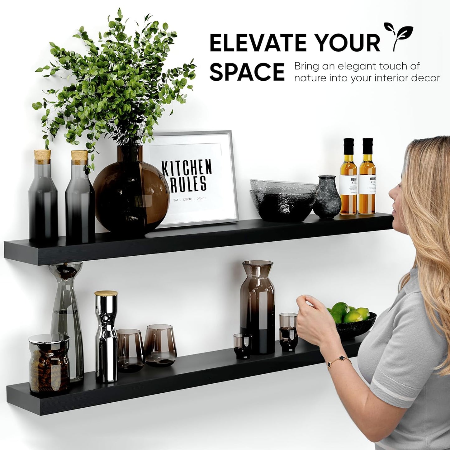 Homeforia Floating Black Shelf 60 inch, High End Solid Real Wood 60 inches Long Floating Shelves for Wall, Black Wooden 60inch Large Floating Shelves, Heavy Duty Bracket, 60 X 6.5 X 1.75 in, Set of 2