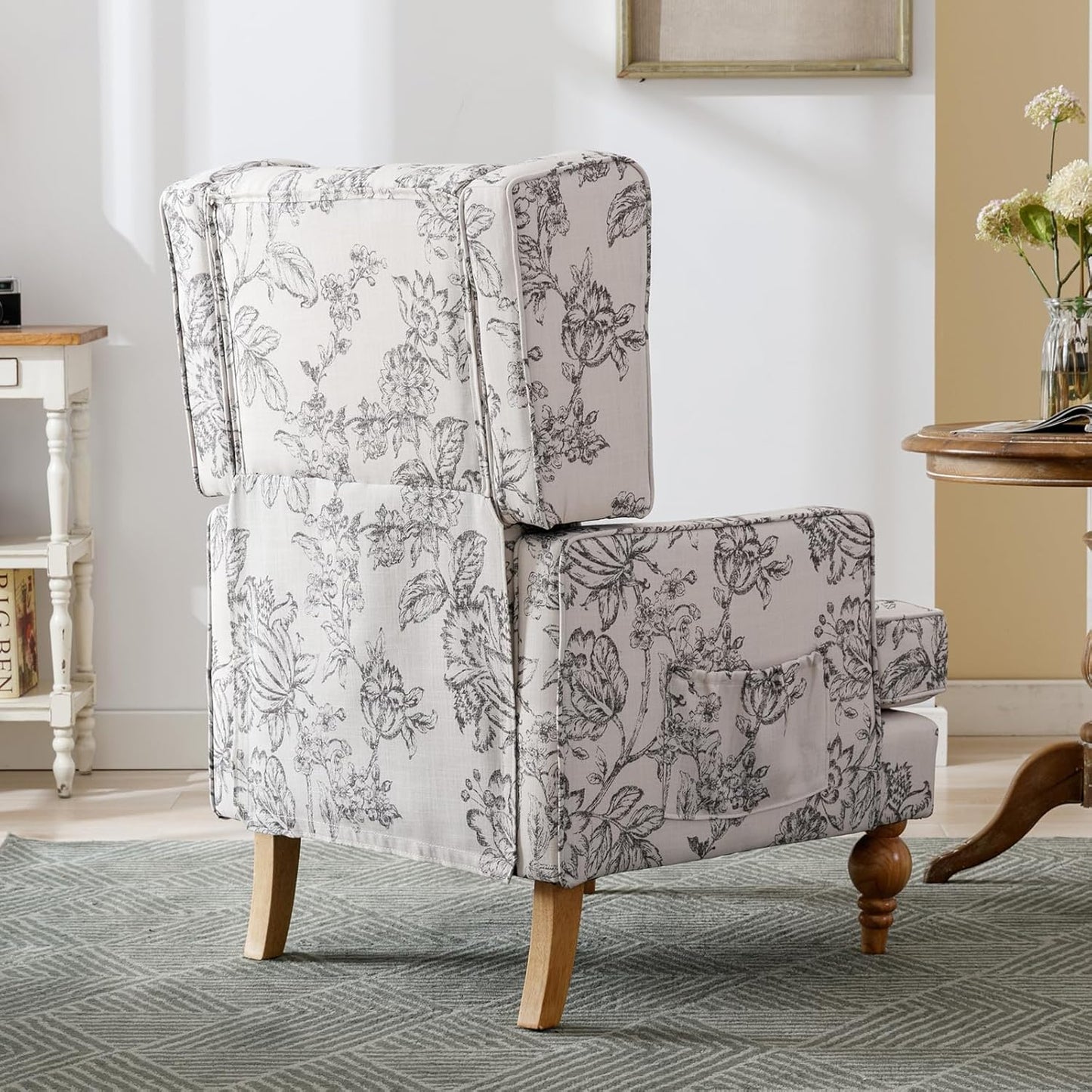 DUOMAY Tufted Accent Chair, Modern Linen Upholstered Wingback Side Arm Chair for Living Room Bedroom with Wood Legs, Comfy Reading Guest Chair for Office, Beige Flower Pattern