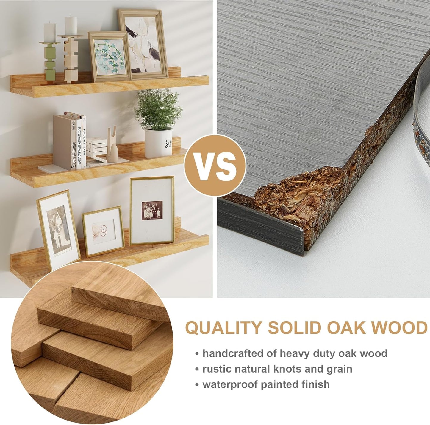 Floating Picture Ledge Shelves 48 Inch Solid Oak Wood Set of 2, Rustic Wall Storage Shelves with Lip, Kids Bookshelf, Photo & Picture Ledge Shelves for Bedroom, Living Room, Kitchen