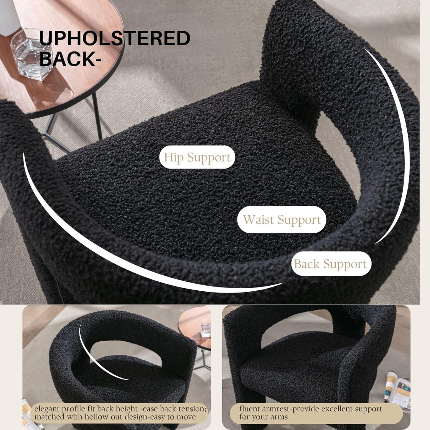 Black Sherpa Dining Chairs Set of 4, Modern Barrel Dining Room Chairs Upholstered Faux Fur Accent Chair with Arms and Round Back for Living Room Kitchen Armchair No Assembly Needed