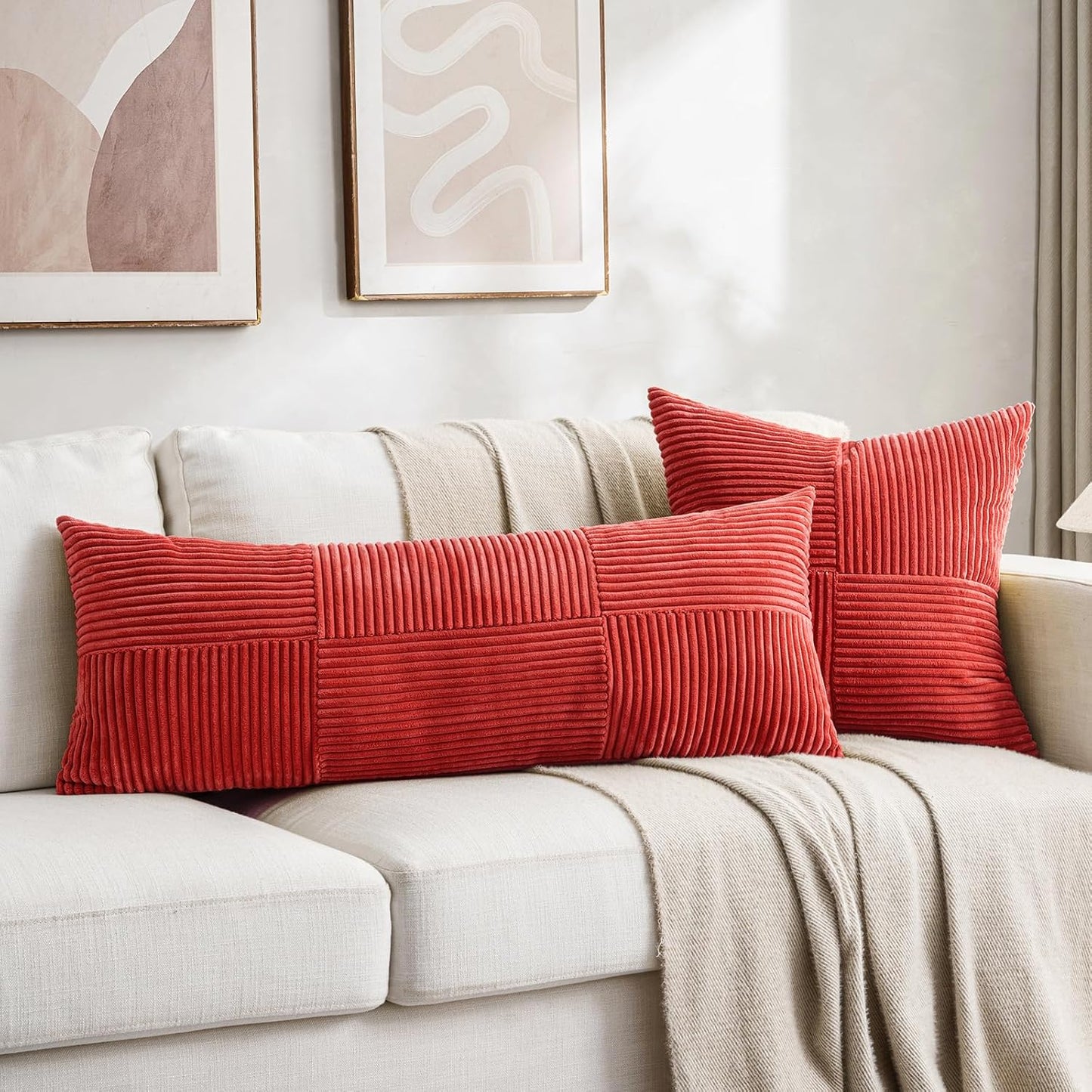 Fancy Homi 2 Packs Red Decorative Throw Pillow Covers 18x18 Inch for Living Room Couch Bed Sofa, Rustic Boho Farmhouse Home Decor, Soft Corss Corduroy Patchwork Textured Square Cushion Case 45x45 cm