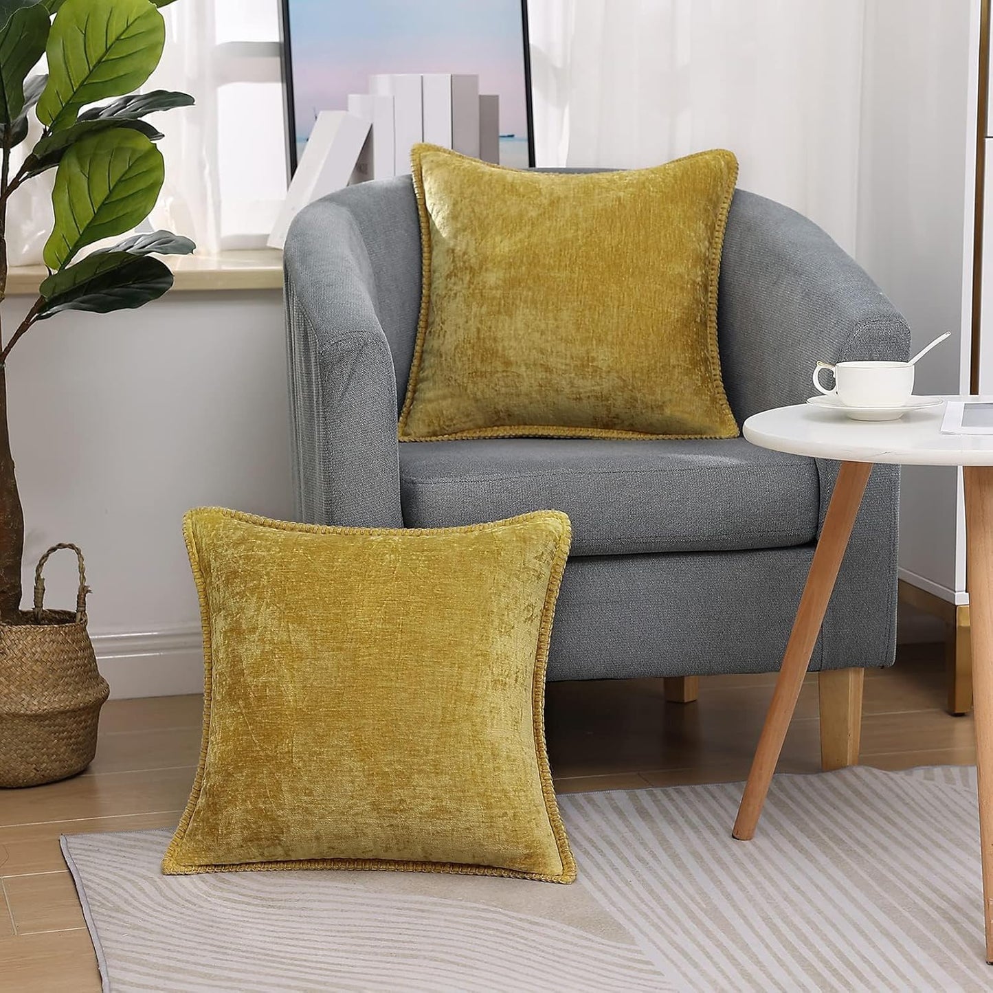 decorUhome Chenille Soft Throw Pillow Covers 22x22 Set of 2, Farmhouse Velvet Neutral Decorative Euro Pillow Covers with Stitched Edge for Couch Sofa Bed Home Decor, Mineral Yellow