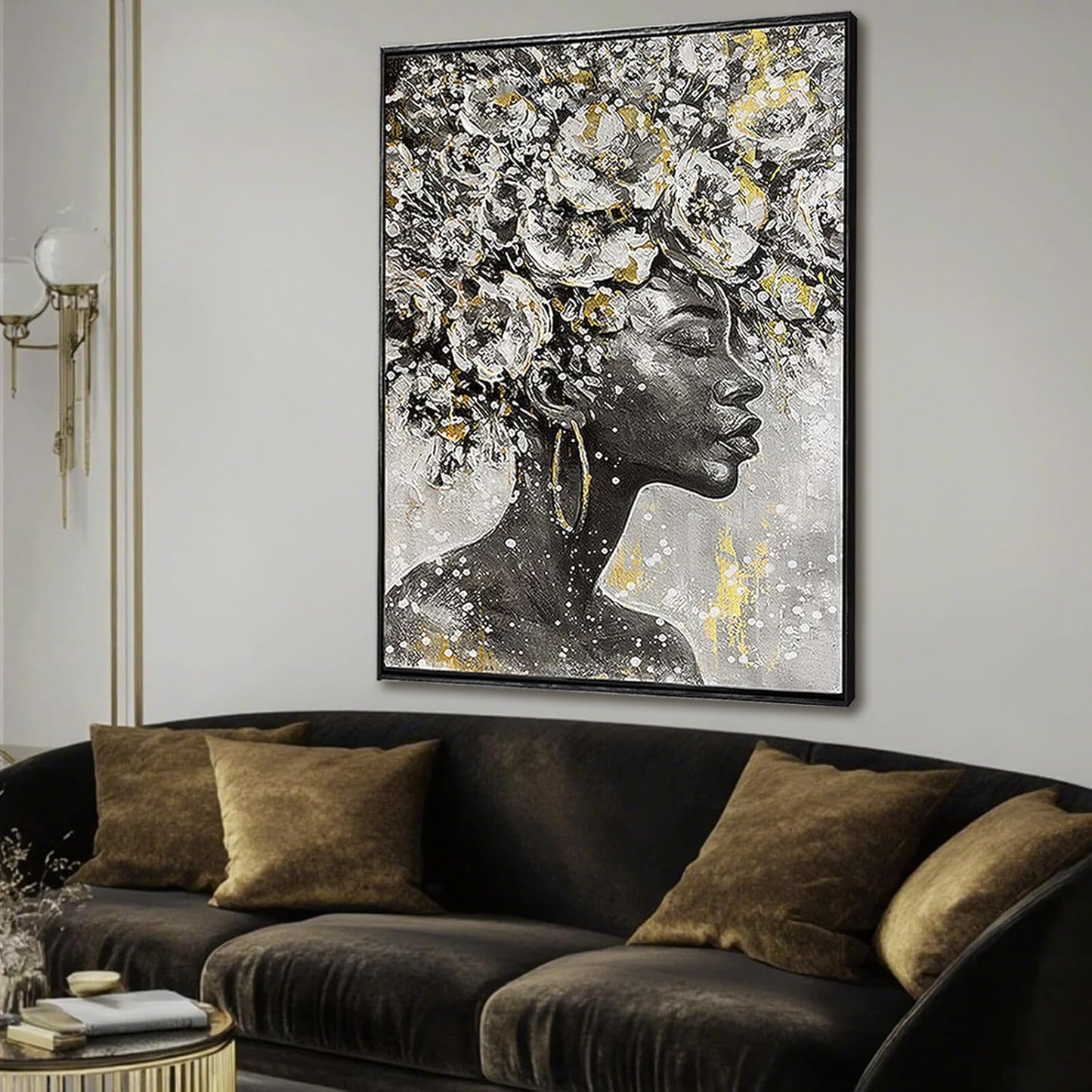 Large Black and Gold African American Wall Art with Framed Black Woman Office Bedroom Living Room Poster Home Hanging Decor 32x48 Inch