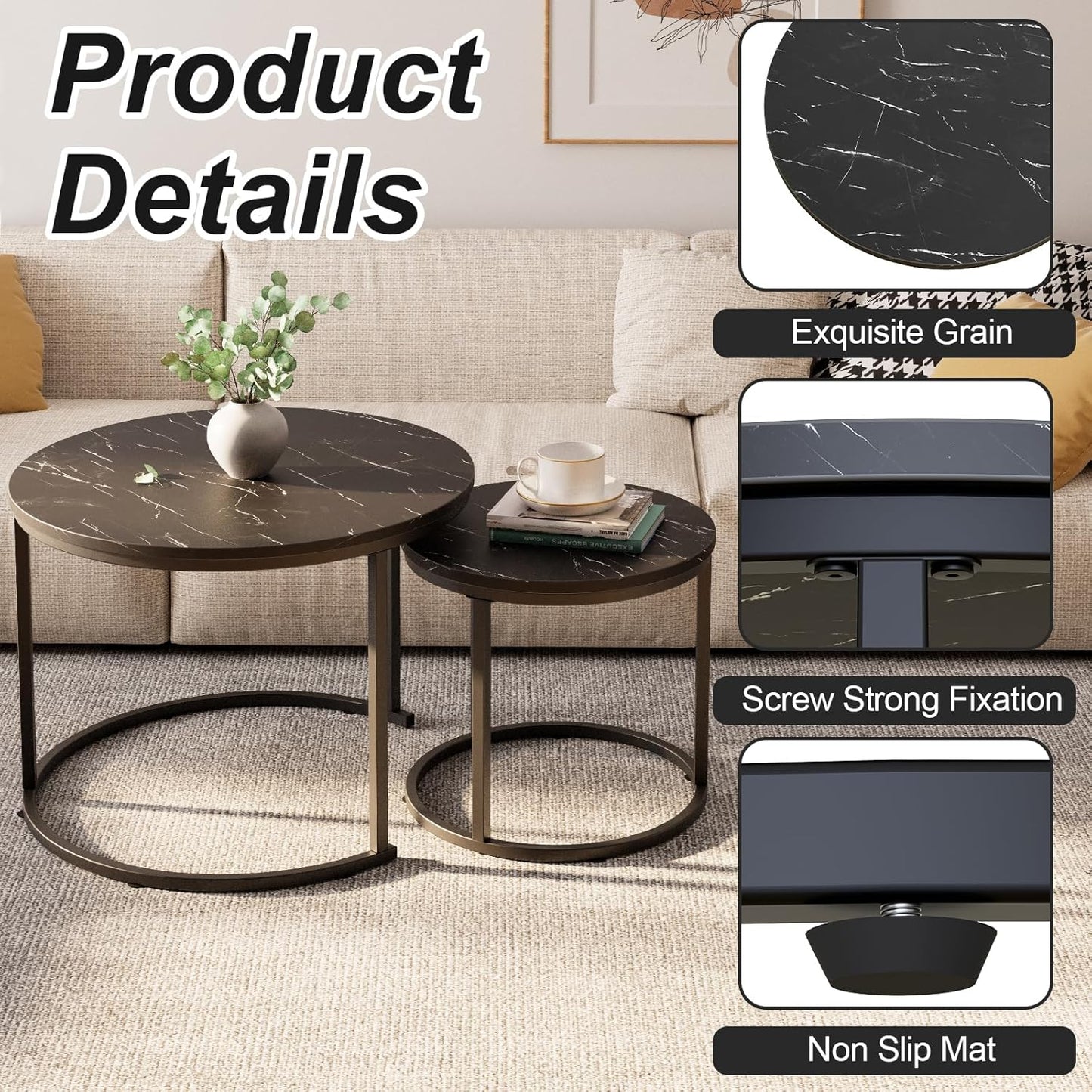 aboxoo Round Nesting Coffee Table Side Set of 2 End Tables for Living Room Bedroom Balcony,Black Faux Marble Wooden Table 23.6IN Accent Large Coffee Table with Steel Frame