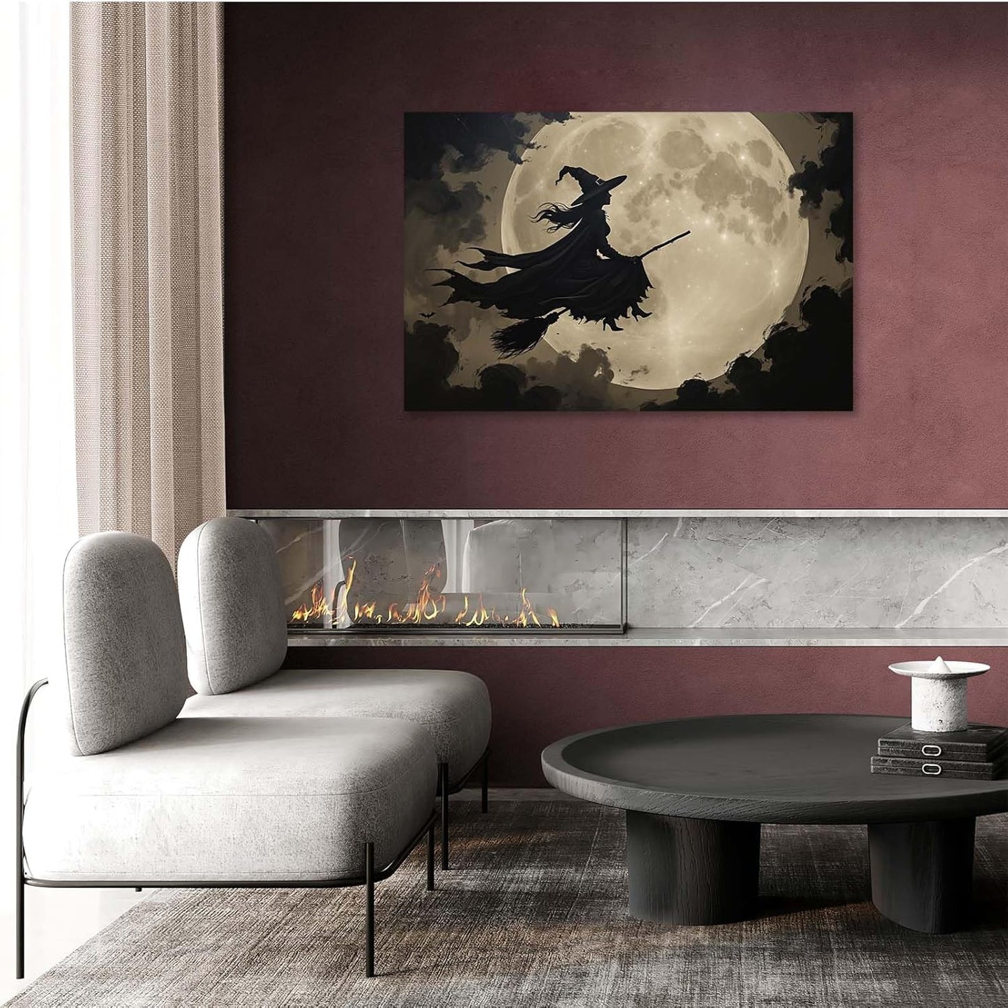 JFHCQJPK Full moon witch silhouette poster witch on magic broom Halloween mural poster decorative mural art suitable for home living room bedroom20x30in Frameless