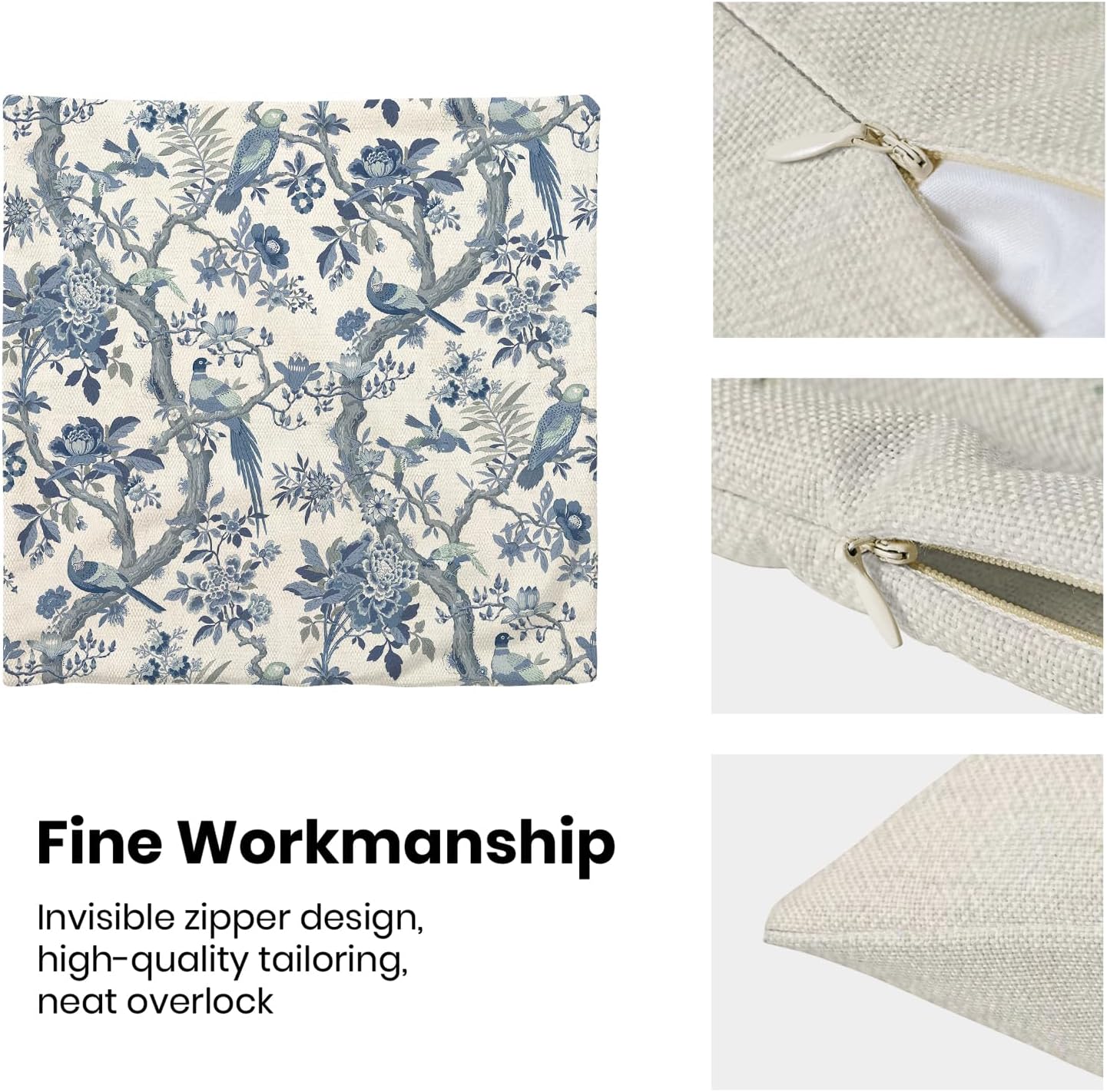 CXMEIFLY Spring Pillow Covers 18 x 18 Inch Set of 2 for Navy Blue Chinoiserie Flowers Bird Decor Throw Pillows Vintage Floral Plant Outdoor Decorative Cushion Cases for Couch Bed Decorations