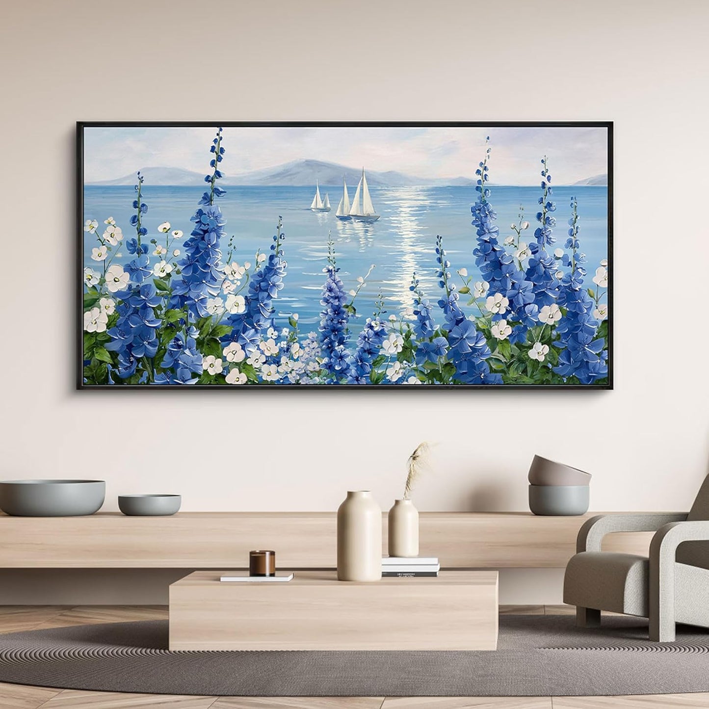 XLSJERST Large Sailboat Wall Art - Blue Canvas Abstract Painting Textured Picture Artwork Vintage Nautical Flower Painting Coastal Modern Print 29"x58" Frame for Living Room Bedroom Home Decoration