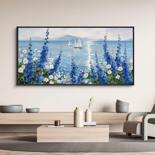 XLSJERST Large Sailboat Wall Art - Blue Canvas Abstract Painting Textured Picture Artwork Vintage Nautical Flower Painting Coastal Modern Print 24"x48" Frame for Living Room Office Home Decoration