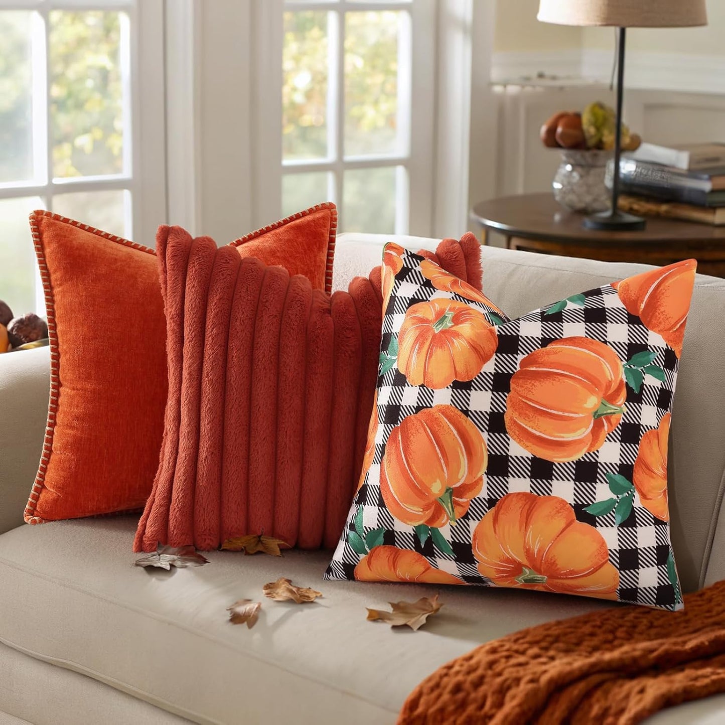 decorUhome Fall Orange Pumpkin Decorative Throw Pillow Covers 16x16 Set of 2, Buffalo Plaid Check Farmhouse Cushion Covers for Autumn Harvest Couch Sofa Bed Home Decor