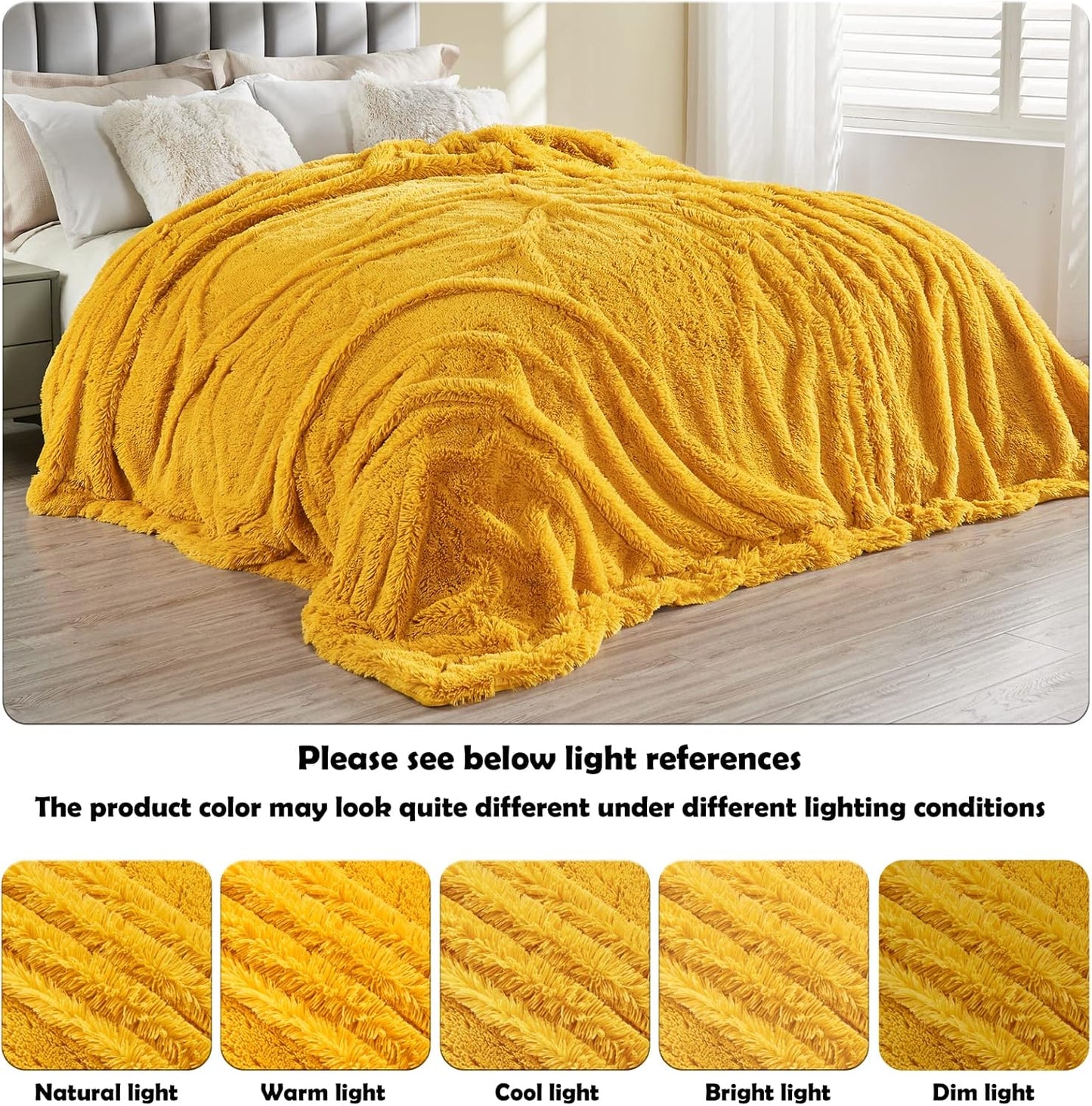 GONAAP Fuzzy Faux Fur Throw Blanket Queen Size Mustard Yellow Super Soft Cozy Plush Fuzzy Shaggy Blanket for Couch Sofa Bed (Mustard Yellow, Queen(90"x90"))