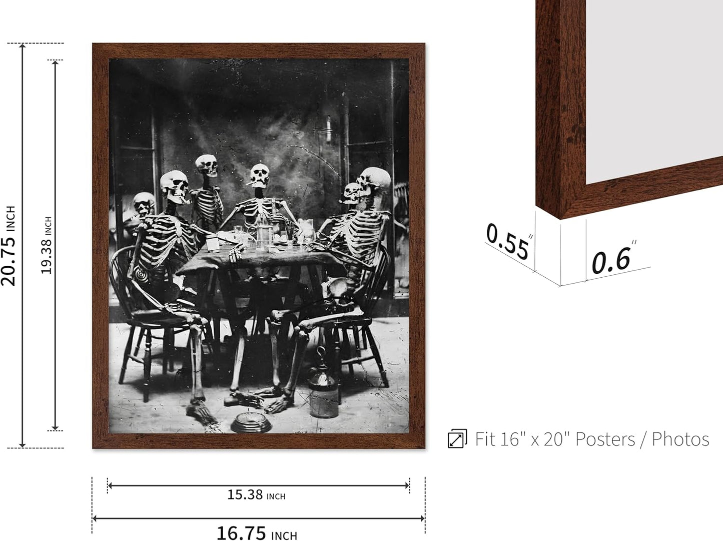 Poster Master Vintage Photograph Poster - Retro Daguerreotype Print - Gift for Artist, Friend - Skeletons Smoking at Table, Dinner Party, Goth - Wall Decor for Home, Dorm, 16x20 Brown Framed
