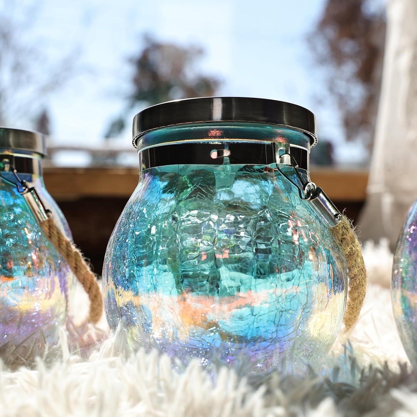 Cooo 2 Pack Solar Lantern Outdoor Waterproof Iridescent Crackle Glass with 215% Larger Solar Panel, Stainless Steel Lid – Rainbow Glass Hanging Light with Cool White LED for Garden Patio Table