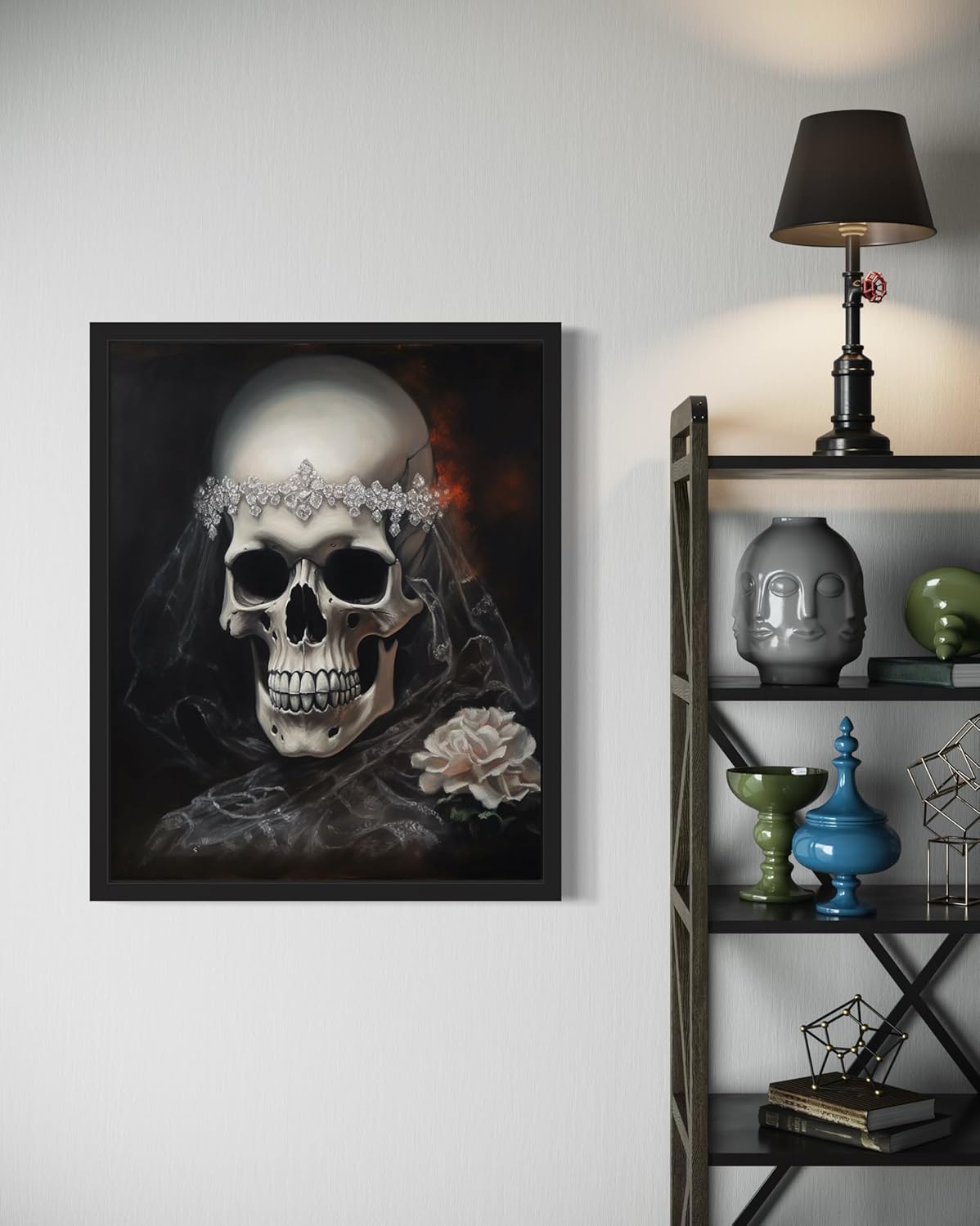 Skull Bride Poster Art Print, Halloween Scary Vintage Wall Art Academia Spooky Painting Decoration for Horror Prints, Gothic Posters Bedroom Decor 89 (Skull Bride, 16 x 20 inches, Black Frame)