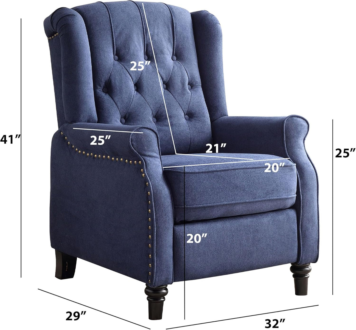 EBELLO 2 Pcs Pushback Recliner Chairs, Fabric Armchair Push Back Recliner with Rivet Decoration, Single Sofa Accent Chair for Living Room, Bedroom, Blue