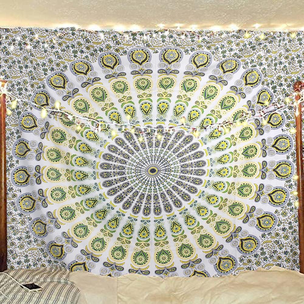 Bless International Handmade Indian hippie Bohemian Psychedelic Peacock Mandala Wall hanging College Dorm Beach Throws Table Cloth Bedding Tapestry (Yellow Green, Queen(84x90Inches)(215x230Cms))