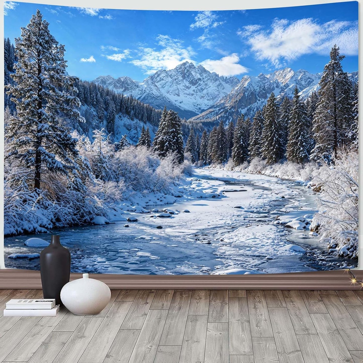 AMM Winter Forest Snow Mountain Tapestry Snowy Pine Tree Woodland Tapestry for Bedroom Aesthetic White Clouds Flowing River Landscape Tapestries Wall Hanging for Living Room Dorm Office 90 x 68 Inch
