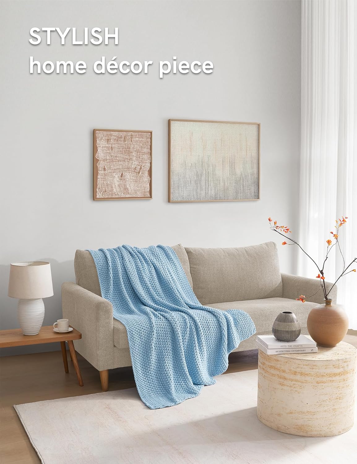 YnM Chunky Cotton Knit Throw Blanket, Cable Knit Throws for Bed Couch Sofa, Comfy & Relaxing, Decorative Piece for Farmhouse Modern Boho Rustic Scandinavian Chic Vibe, Aqua Blue 50x60 Inches