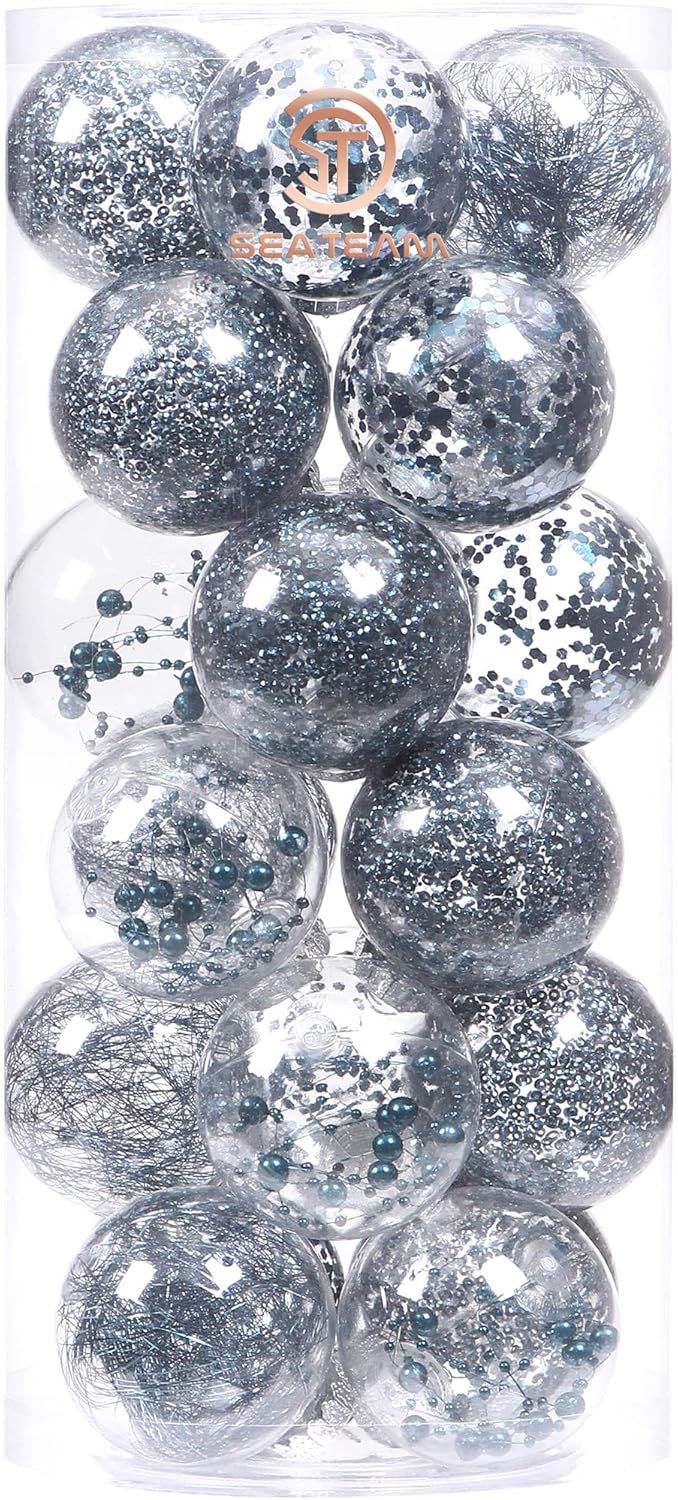 Sea Team Shatterproof Clear Plastic Christmas Ball Ornaments Decorative Xmas Balls Baubles Set with Stuffed Delicate Decorations (70mm/2.76 inch 24-Pack, Stone Blue)
