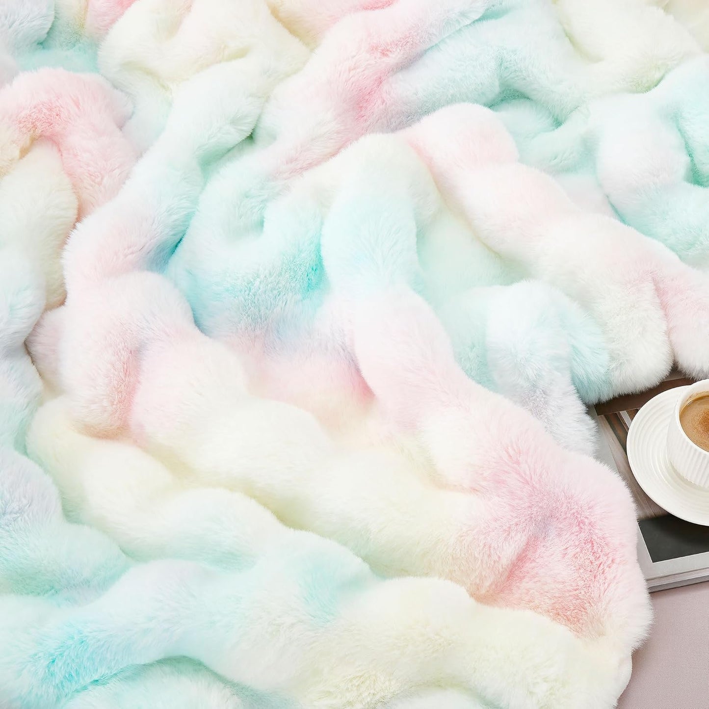 DREAMNINE Large Colorful Soft Fluffy Bubble Faux Rabbit Fur Blanket Queen Size 80" x 90", Luxury Double Sided Big Thick Fuzzy Bed Blankets, Cute Warm Cozy Plush Comfy Furry Blanket for Winter, Rainbow
