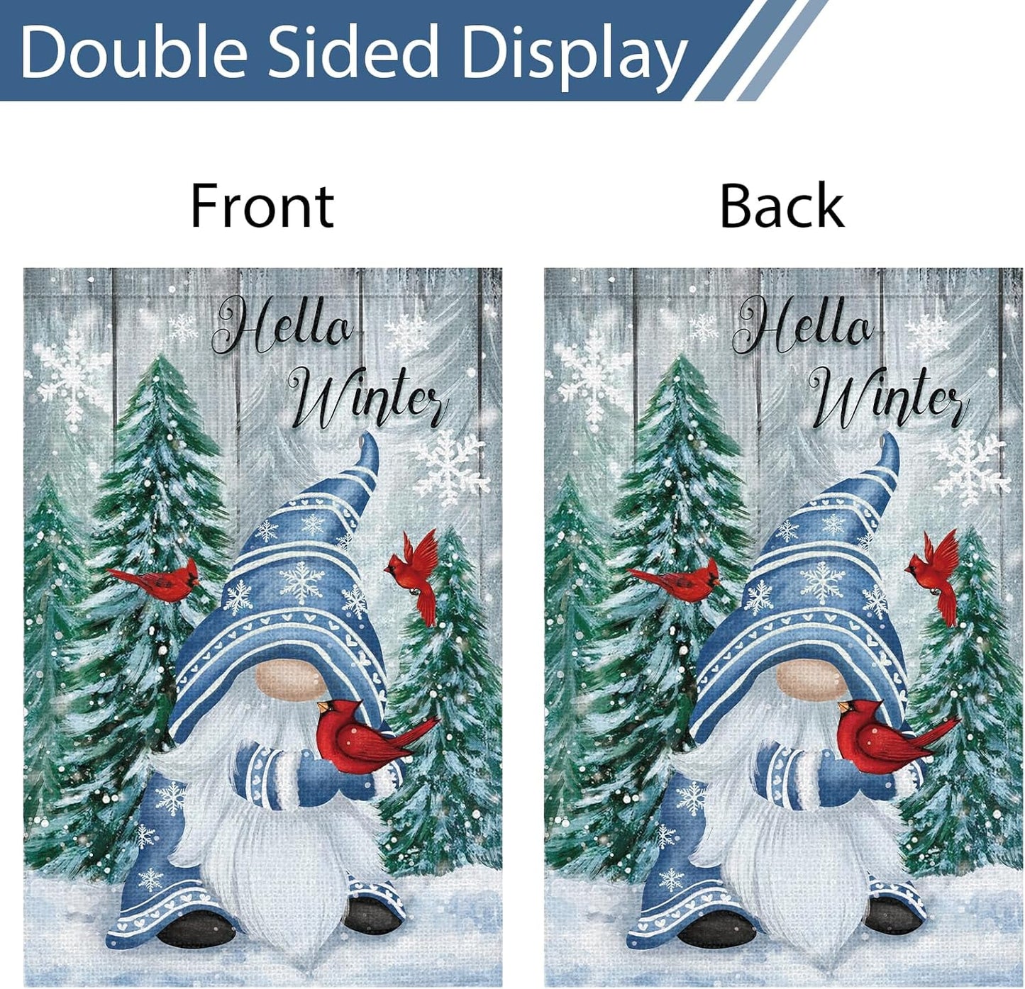 Heyfibro Hello Winter Gnome Garden Flag 28x40 Double Sided Burlap Cardinals Snowflakes Snow Yard Banner for Christmas Seasonal Outside Outdoor House Decoration (ONLY FLAG)