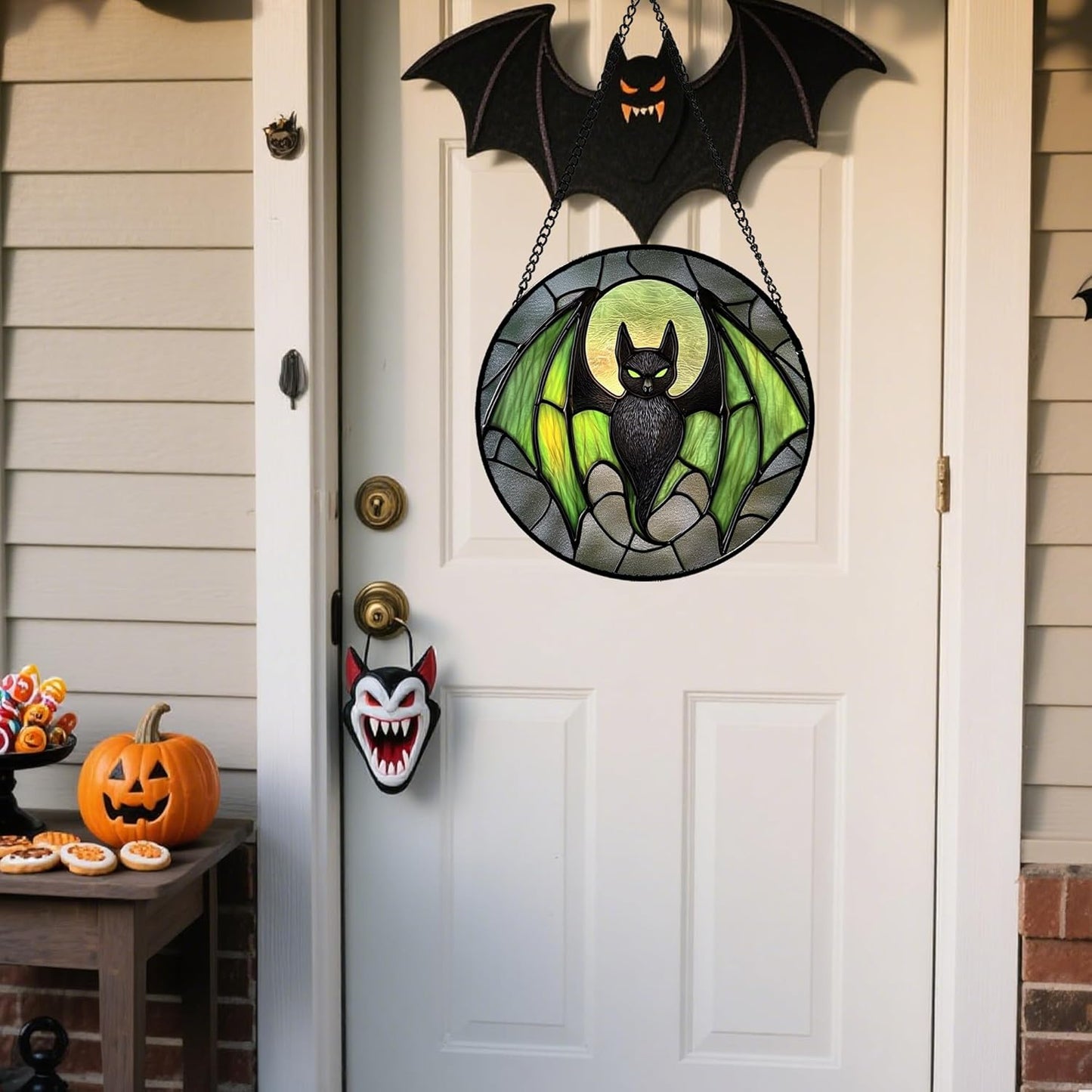 Stained Glass Window Hanging - Halloween Black Bat Green Wings Monster Suncatcher for Doors Garden Home Spooky Sun Catchers Gothic Decor Horror Gift for Women Men Friend Boy Girl 15 in