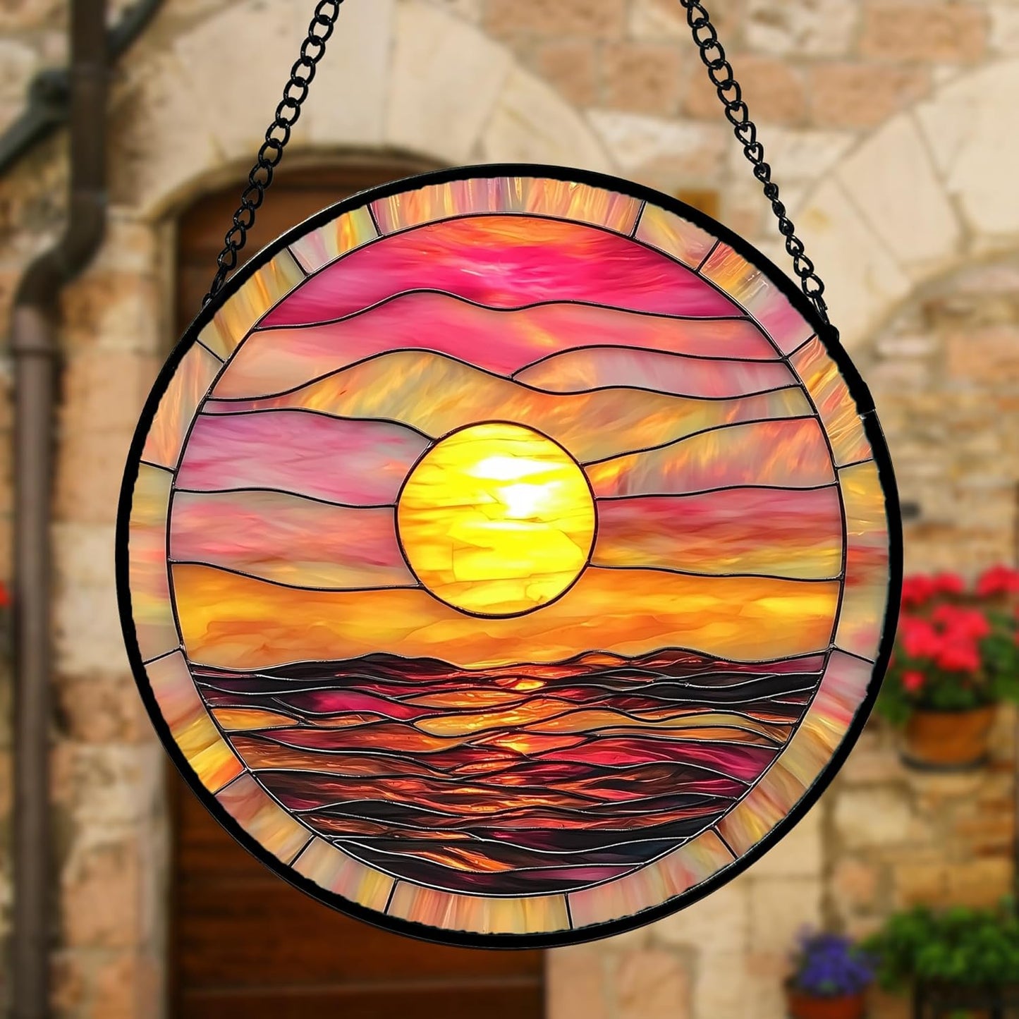 Stained Glass Window Hanging, Sunrise Sea Surface Sun Catchers Diamond Glass Panel Hangings Abstract Suncatcher Decor for Birthday for Women, Men, Wife, Aunt, and Mom 7.8 in