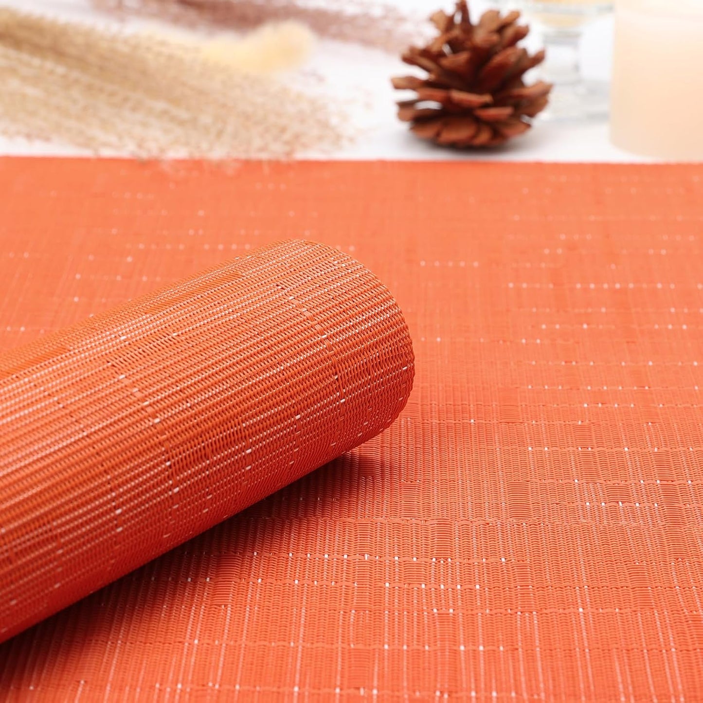 Myir JUN Placemats Set of 8, Vinyl Woven Placemats Place Mats Indoor Set of 8 Washable Table Mats Non-Slip Place mats for Dining Table (Orange, Set of 8)