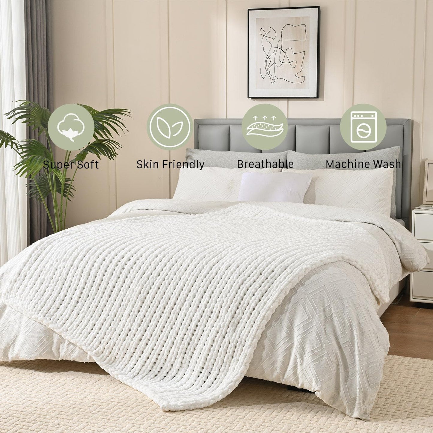 Esterra 100% Hand Knitted Chenille Throw Blanket, 50"x60", White, Polyester, Chunky Knit, Throw Blanket, 50x60 Inches